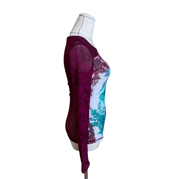 Y2k 90s Express Mesh Stretch Long Sleeve Top Angels Floral Westwood Gaultier - Picture 5 of 7